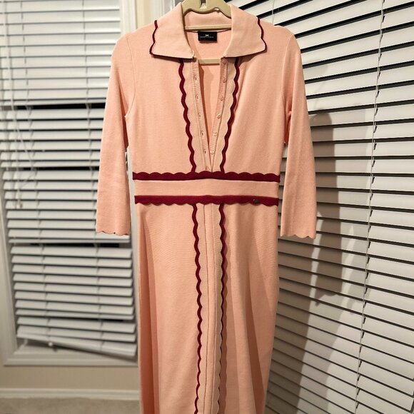 Elisabetta Franchi Maxi Knitted Light Pink Dress w/ Coral Scallop Accents Size M - Picture 2 of 6